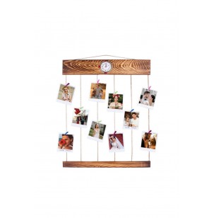 Ahşap Ipli Mandallı Saatli Duvar Çerçevesi - 50x60cm Ahşap Ipli Mandallı Saatli Duvar Çerçevesi - 50x60cm