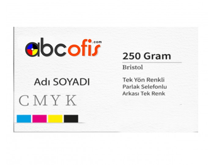 1000 adet kartvizit 250 gr. Bristol Tek Yön Renkli Parlak Selefonlu